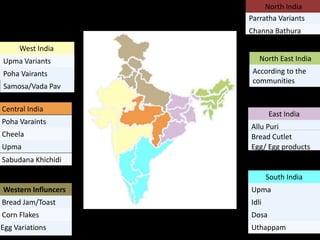 North India
         Breakfast/ Nashta Habits
                                    Parratha Variants
                   India
                                    Channa Bathura

     West India
Upma Variants                          North East India
Poha Vairants                        According to the
                                     communities
Samosa/Vada Pav

Central India
                                           East India
Poha Varaints
                                    Allu Puri
Cheela                              Bread Cutlet
Upma                                Egg/ Egg products
Sabudana Khichidi

                                           South India
Western Influncers                  Upma
Bread Jam/Toast                     Idli
Corn Flakes                         Dosa
Egg Variations                      Uthappam
 