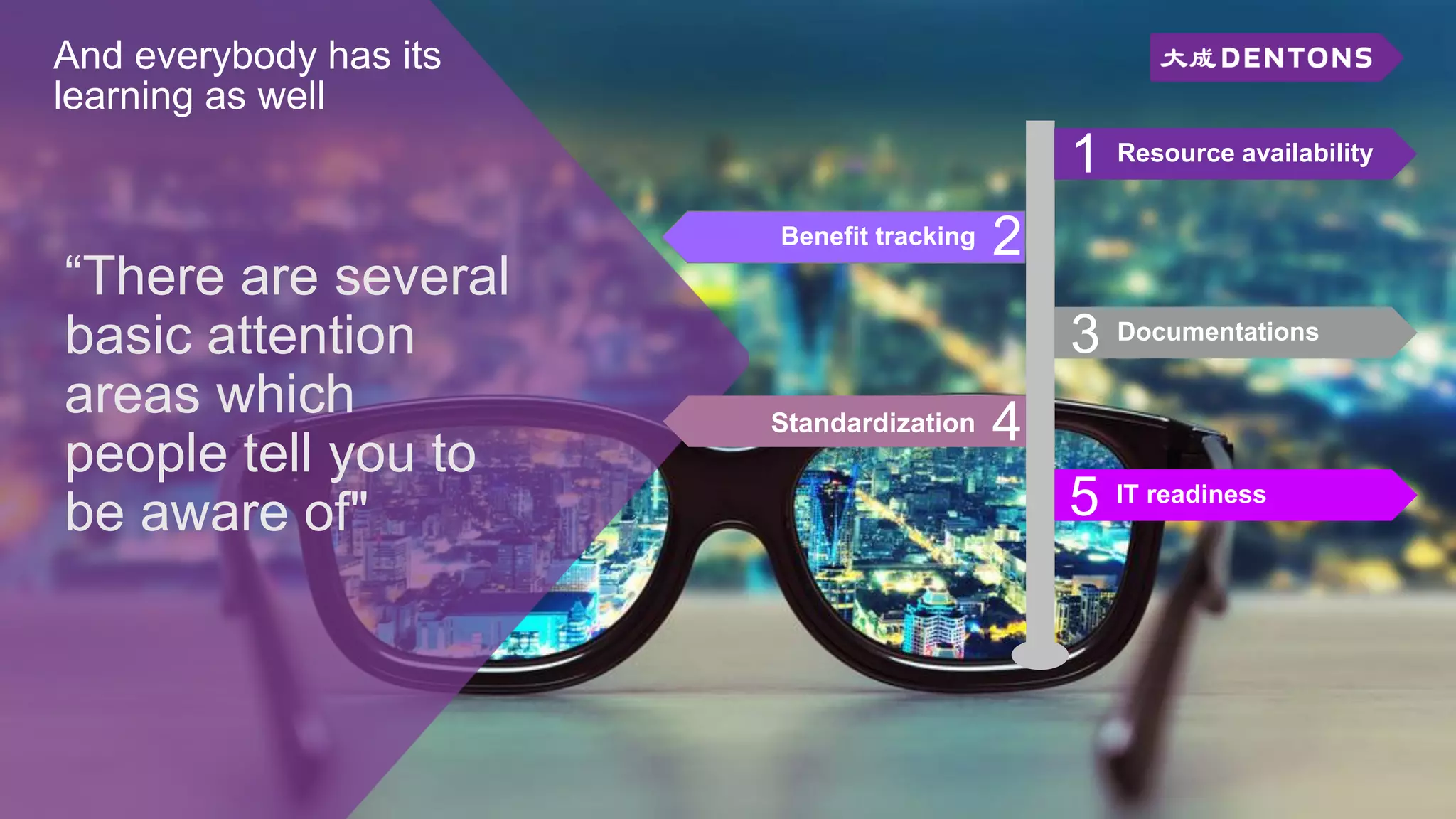 “There are several
basic attention
areas which
people tell you to
be aware of"
And everybody has its
learning as well
1 Resource availability
3 Documentations
2Benefit tracking
4Standardization
5 IT readiness
 