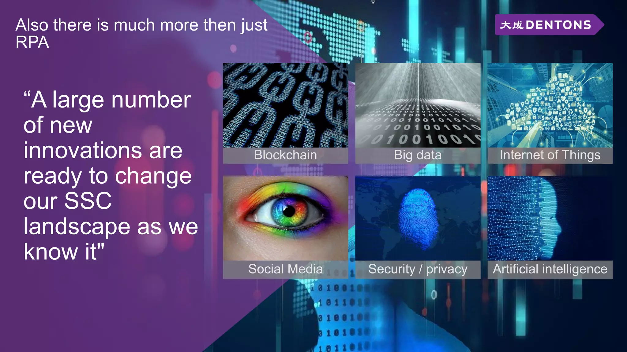 “A large number
of new
innovations are
ready to change
our SSC
landscape as we
know it"
Security / privacy
Big data
Artificial intelligence
Internet of Things
Social Media
Blockchain
Also there is much more then just
RPA
 