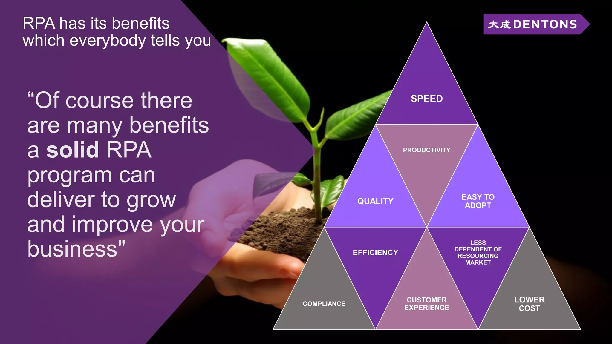 “Of course there
are many benefits
a solid RPA
program can
deliver to grow
and improve your
business"
RPA has its benefits
which everybody tells you
SPEED
QUALITY
PRODUCTIVITY
EASY TO
ADOPT
COMPLIANCE
EFFICIENCY
CUSTOMER
EXPERIENCE
LESS
DEPENDENT OF
RESOURCING
MARKET
LOWER
COST
 