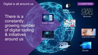 There is a
constantly
growing number
of digital tooling
& initiatives
around us
Digital is all around us
Artificial
Intelligence (AI)
Blockchain
Chatbot / Mailbot
Machine learning
RPA Big data
Social media
integration
Augmented reality
 