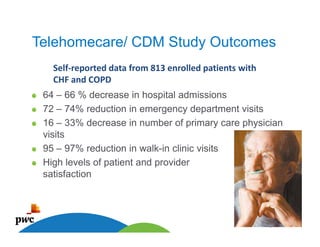Telehomecare/ CDM Study Outcomes
   Self-reported data from 813 enrolled patients with
   CHF and COPD
 64 – 66 % decrease in hospital admissions
 72 – 74% reduction in emergency department visits
 16 – 33% decrease in number of primary care physician
 visits
 95 – 97% reduction in walk-in clinic visits
 High levels of patient and provider
 satisfaction



   26
 