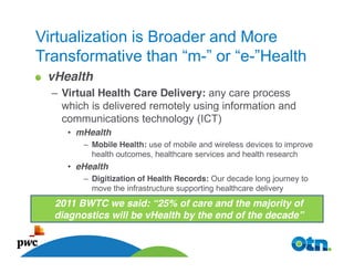 Virtualization is Broader and More
Transformative than “m-” or “e-”Health
 vHealth
  – Virtual Health Care Delivery: any care process
    which is delivered remotely using information and
    communications technology (ICT)
       • mHealth
          – Mobile Health: use of mobile and wireless devices to improve
            health outcomes, healthcare services and health research
       • eHealth
          – Digitization of Health Records: Our decade long journey to
            move the infrastructure supporting healthcare delivery
  2011 BWTC we said: “25% of care and the majority of
  diagnostics will be vHealth by the end of the decade”

   7
 