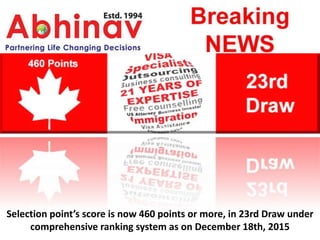 Selection point’s score is now 460 points or more, in 23rd Draw under
comprehensive ranking system as on December 18th, 2015
 