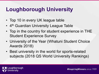 Loughborough University
• Top 10 in every UK league table
• 4th Guardian University League Table
• Top in the country for student experience in THE
Student Experience Survey
• University of the Year (Whatuni Student Choice
Awards 2018)
• Best university in the world for sports-related
subjects (2018 QS World University Rankings)
 