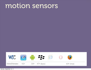 motion sensors




           DeviceOrientation   4.2+   3.0+   4.7+ (basic)   6.0+ (moz)

Monday, September 12, 11
 