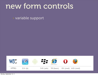 new form controls
                     ‣     variable support




                 HTML5        2.2+ (b)   5.0+ (adv)   9....