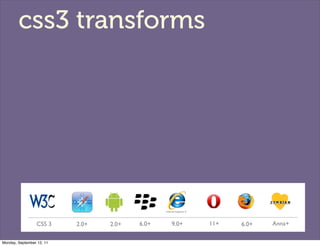 css3 transforms




                 CSS 3     2.0+   2.0+   6.0+   9.0+   11+   6.0+   Anna+

Monday, September 12, 11
 