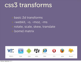 css3 transforms
                       ‣ basic 2d transforms
                       ‣ -webkit, -o, -moz, -ms

            ...