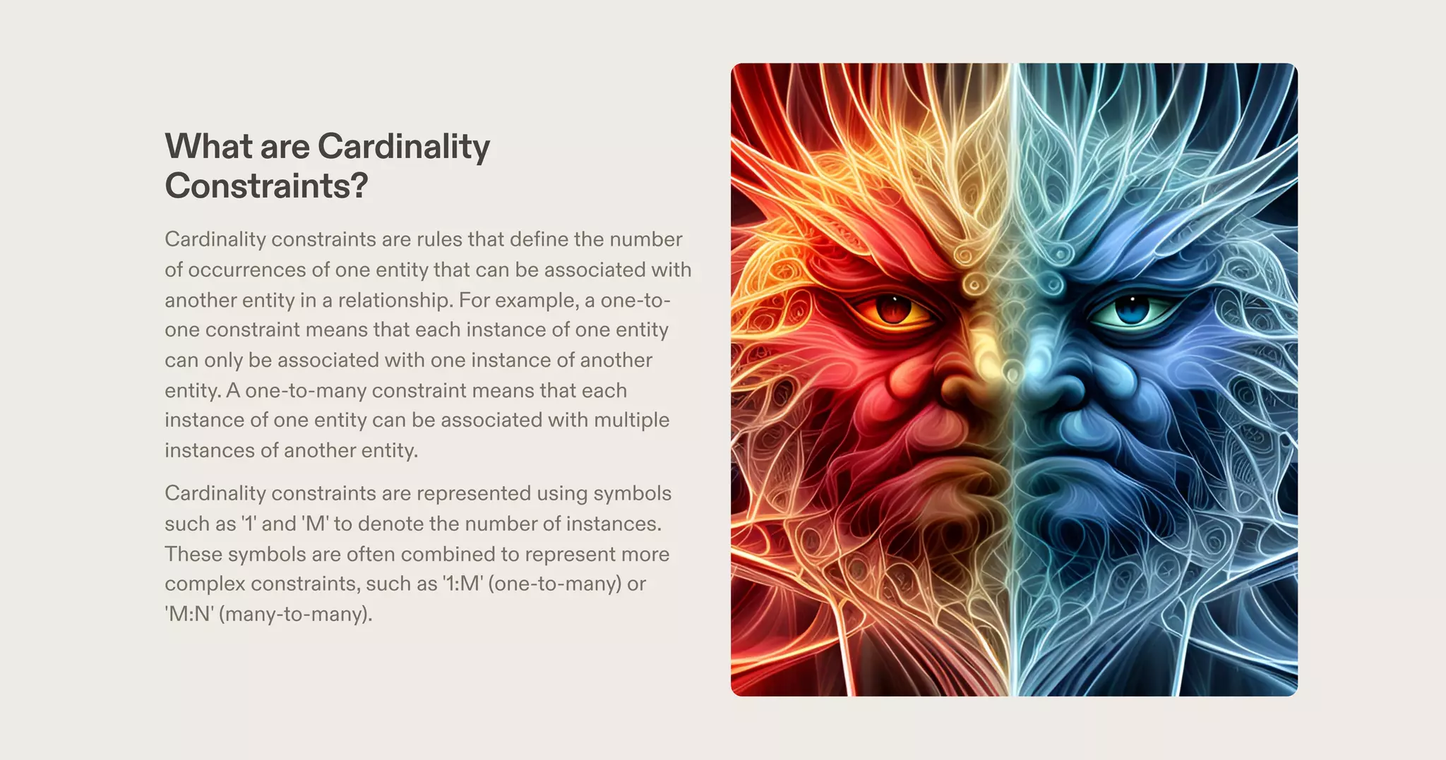 What are Cardinality
Constraints?
Cardinality constraints are rules that define the number
of occurrences of one entity that can be associated with
another entity in a relationship. For example, a one-to-
one constraint means that each instance of one entity
can only be associated with one instance of another
entity.A one-to-many constraint means that each
instance of one entity can be associated with multiple
instances of another entity.
Cardinality constraints are represented using symbols
such as '1' and 'M' to denote the number of instances.
These symbols are often combined to represent more
complex constraints, such as '1:M' (one-to-many) or
'M:N' (many-to-many).
 