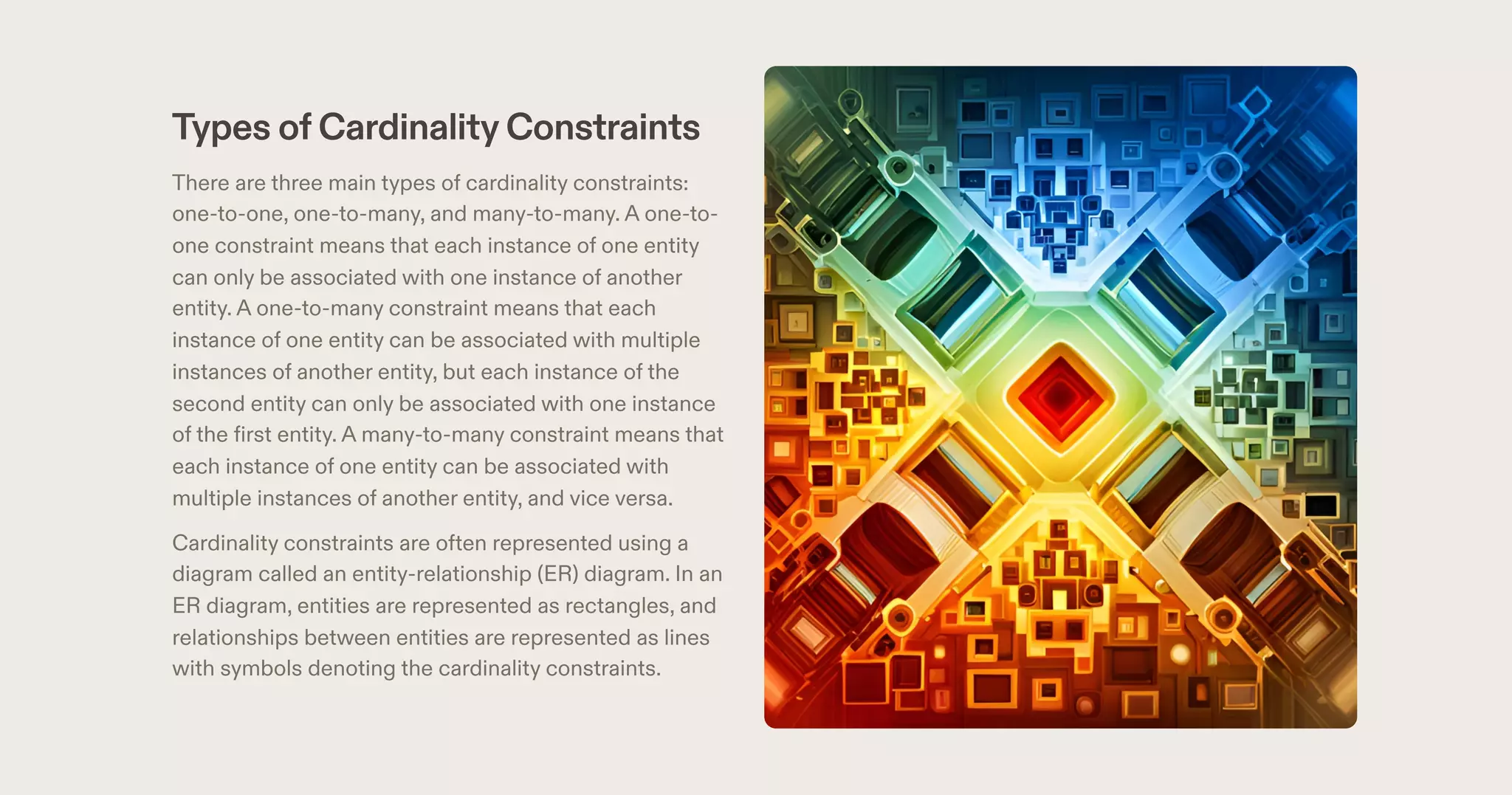 Types ofCardinalityConstraints
There are three main types of cardinality constraints:
one-to-one, one-to-many, and many-to-many.A one-to-
one constraint means that each instance of one entity
can only be associated with one instance of another
entity.A one-to-many constraint means that each
instance of one entity can be associated with multiple
instances of another entity, but each instance of the
second entity can only be associated with one instance
of the first entity.A many-to-many constraint means that
each instance of one entity can be associated with
multiple instances of another entity, and vice versa.
Cardinality constraints are often represented using a
diagram called an entity-relationship (ER) diagram. In an
ER diagram, entities are represented as rectangles, and
relationships between entities are represented as lines
with symbols denoting the cardinality constraints.
 