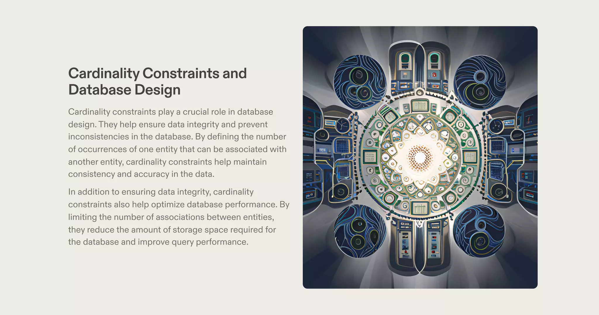 CardinalityConstraints and
Database Design
Cardinality constraints play a crucial role in database
design.They help ensure data integrity and prevent
inconsistencies in the database. By defining the number
of occurrences of one entity that can be associated with
another entity, cardinality constraints help maintain
consistency and accuracy in the data.
In addition to ensuring data integrity, cardinality
constraints also help optimize database performance. By
limiting the number of associations between entities,
they reduce the amount of storage space required for
the database and improve query performance.
 
