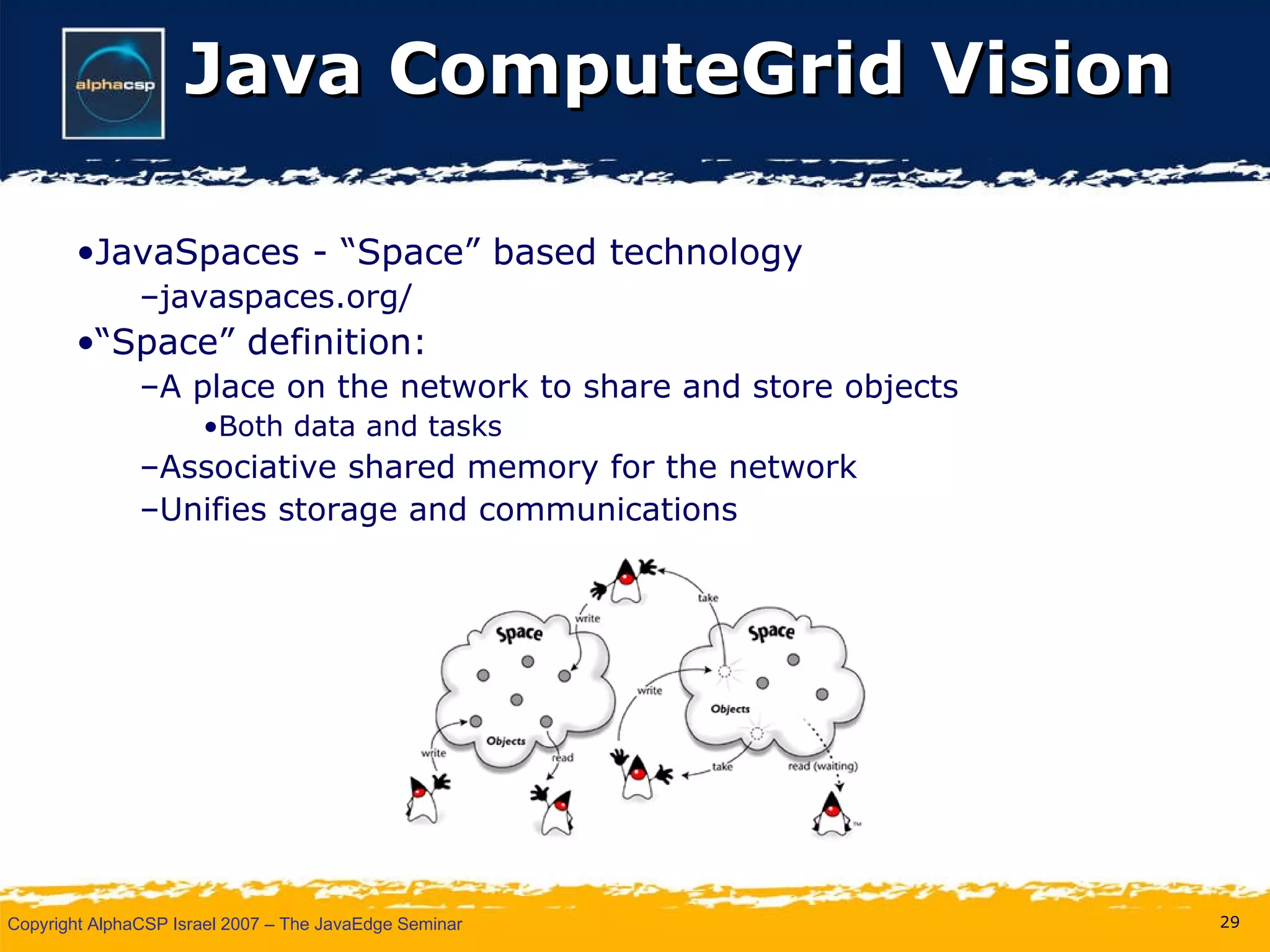 Java ComputeGrid Vision JavaSpaces - “Space” based technology javaspaces.org/ “ Space” definition: A place on the network to share and store objects Both data and tasks Associative shared memory for the network Unifies storage and communications 
