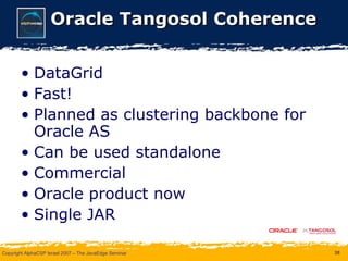 Oracle Tangosol Coherence DataGrid Fast! Planned as clustering backbone for Oracle AS Can be used standalone Commercial Oracle product now Single JAR 