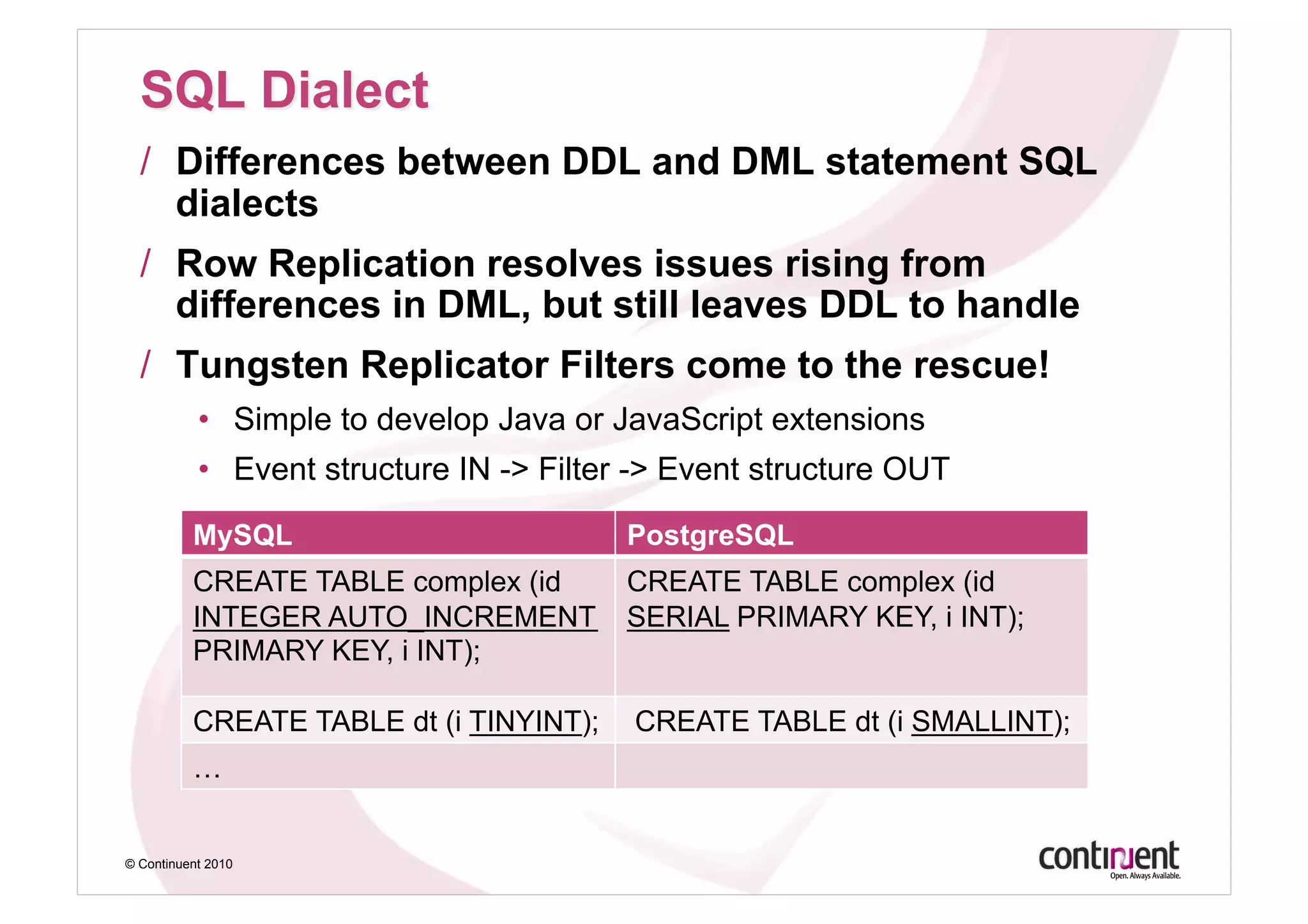 /  Differences between DDL and DML statement SQL
     dialects
  /  Row Replication resolves issues rising from
     differences in DML, but still leaves DDL to handle
  /  Tungsten Replicator Filters come to the rescue!
           •  Simple to develop Java or JavaScript extensions
           •  Event structure IN -> Filter -> Event structure OUT

          MySQL                          PostgreSQL
          CREATE TABLE complex (id       CREATE TABLE complex (id
          INTEGER AUTO_INCREMENT         SERIAL PRIMARY KEY, i INT);
          PRIMARY KEY, i INT);

          CREATE TABLE dt (i TINYINT);    CREATE TABLE dt (i SMALLINT);
          …


© Continuent 2010
 