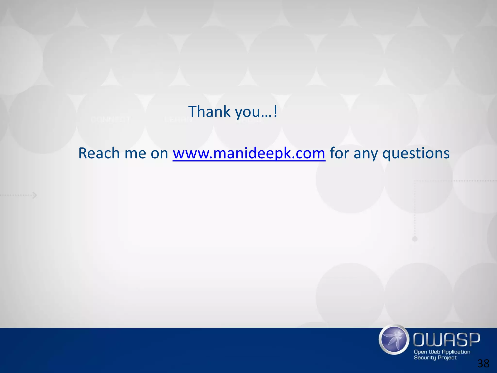 Thank you…!
Reach me on www.manideepk.com for any questions
38
 