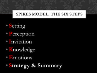 • Setting
• Perception
• Invitation
• Knowledge
• Emotions
• Strategy & Summary
SPIKES MODEL: THE SIX STEPS
 