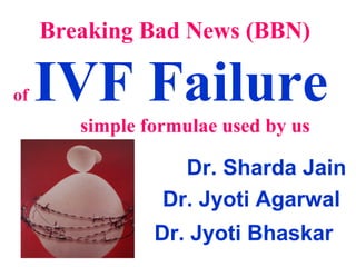 Breaking Bad News (BBN) 
of IVF Failure 
simple formulae used by us 
Dr. Sharda Jain 
Dr. Jyoti Agarwal 
Dr. Jyoti Bhaskar 
 