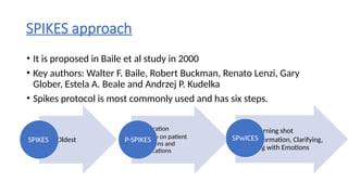 SPIKES approach
• It is proposed in Baile et al study in 2000
• Key authors: Walter F. Baile, Robert Buckman, Renato Lenzi, Gary
Glober, Estela A. Beale and Andrzej P. Kudelka
• Spikes protocol is most commonly used and has six steps.
Oldest
SPIKES
• Preparation
• No step on patient
questions and
clarifications
P-SPIKES
• W- Warning shot
• ICE-Information, Clarifying,
dealing with Emotions
SPwICES
 