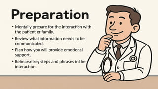 • Mentally prepare for the interaction with
the patient or family.
• Review what information needs to be
communicated.
• Plan how you will provide emotional
support.
• Rehearse key steps and phrases in the
interaction.
 