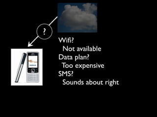 ?
    Wiﬁ?
     Not available
    Data plan?
     Too expensive
    SMS?
     Sounds about right
 