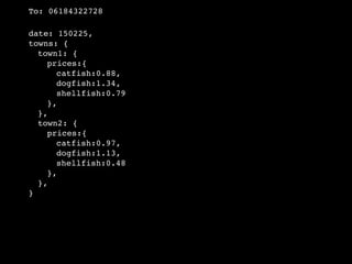 To: 06184322728

date: 150225,
towns: {
  town1: {
    prices:{
      catfish:0.88,
      dogfish:1.34,
      shellfish:0.79
    },
  },
  town2: {
    prices:{
      catfish:0.97,
      dogfish:1.13,
      shellfish:0.48
    },
  },
}
 