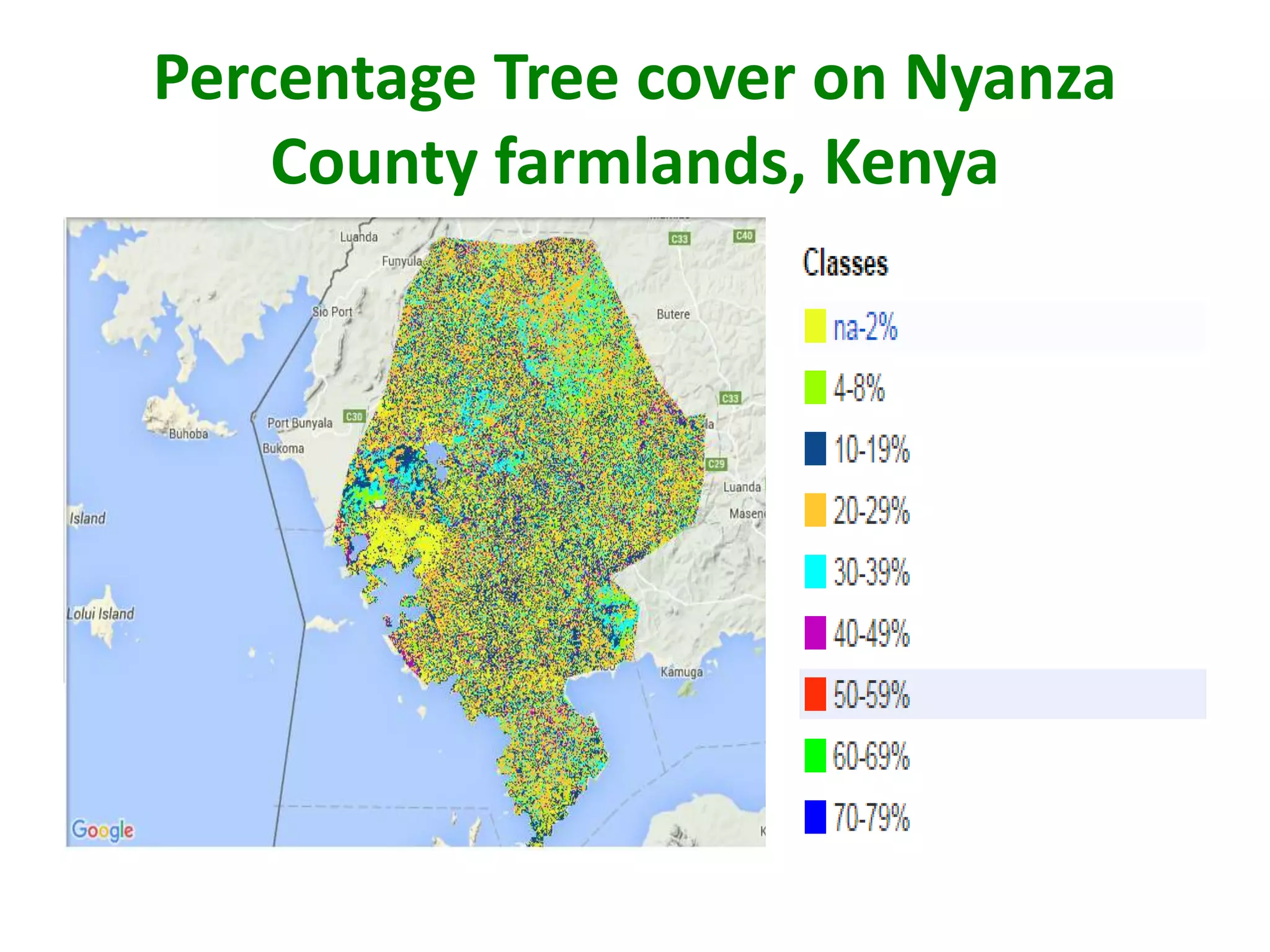 Percentage Tree cover on Nyanza
County farmlands, Kenya
 