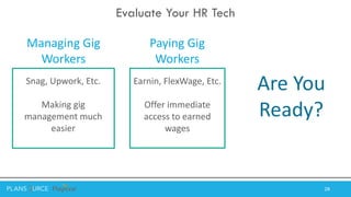 28
Evaluate Your HR Tech
Snag, Upwork, Etc.
Making gig
management much
easier
Earnin, FlexWage, Etc.
Offer immediate
acces...