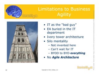 Limitations to Business
Agility
• IT as the “bad guy”
• EA buried in the IT
department
• Ivory tower architecture
• Silo mentality
– Not invented here
– Can’t wait for IT
– BYOD to BYO-everything
• No Agile Architecture
Copyright © 2014, Intellyx, LLC12
PhotoCredit:HarrisWalkerhttps://www.flickr.com/photos/harriswalkerphotography/3340161598/sizes/l
 