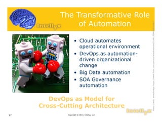 The Transformative Role
of Automation
• Cloud automates
operational environment
• DevOps as automation-
driven organizational
change
• Big Data automation
• SOA Governance
automation
Copyright © 2014, Intellyx, LLC17
PhotoCredit:wiredforlegohttps://www.flickr.com/photos/wiredforsound23/6813264988/sizes/l
DevOps as Model for
Cross-Cutting Architecture
DevOps as Model for
Cross-Cutting Architecture
 