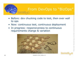 From DevOps to “BizOps”
• Before: dev chucking code to test, then over wall
to ops
• Now: continuous test, continuous deployment
• In progress: responsiveness to continuous
requirements change & variation
Copyright © 2014, Intellyx, LLC18
PhotoCredit:fdecomitehttps://www.flickr.com/photos/fdecomite/12598505695/sizes/l
 