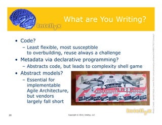 What are You Writing?
• Code?
– Least flexible, most susceptible
to overbuilding, reuse always a challenge
• Metadata via declarative programming?
– Abstracts code, but leads to complexity shell game
• Abstract models?
– Essential for
implementable
Agile Architecture,
but vendors
largely fall short
Copyright © 2014, Intellyx, LLC20
PhotoCredit:daviddhttps://www.flickr.com/photos/puuikibeach/6989179273/sizes/l
 