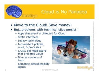 Cloud is No Panacea
• Move to the Cloud! Save money!
• But…problems with technical silos persist:
– Apps that aren’t architected for Cloud
– Static interfaces
– Legacy technology
– Inconsistent policies,
rules, & processes
– Crusty old middleware
that predates Cloud
– Diverse versions of
truth
– Semantic interoperability
issues
Copyright © 2014, Intellyx, LLC6
PhotoCredit:PhilipLearahttps://www.flickr.com/photos/philleara/7046670573/sizes/l
 