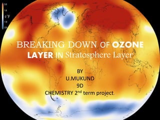 BREAKING DOWN OF OZONE
LAYER IN Stratosphere Layer
BY
U.MUKUND
9D
CHEMISTRY 2nd term project.
 