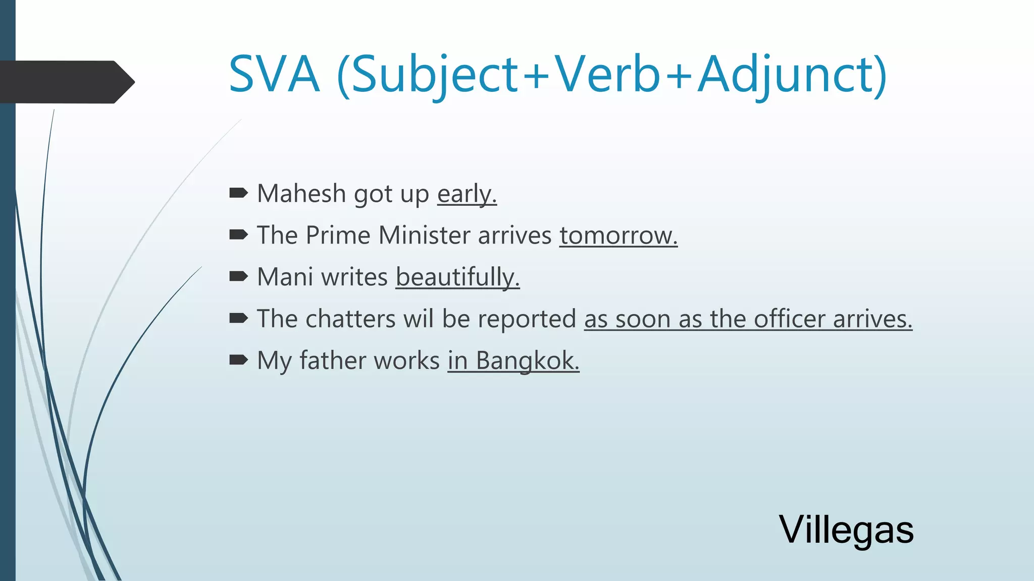 SVA (Subject+Verb+Adjunct)
 Mahesh got up early.
 The Prime Minister arrives tomorrow.
 Mani writes beautifully.
 The chatters wil be reported as soon as the officer arrives.
 My father works in Bangkok.
Villegas
 