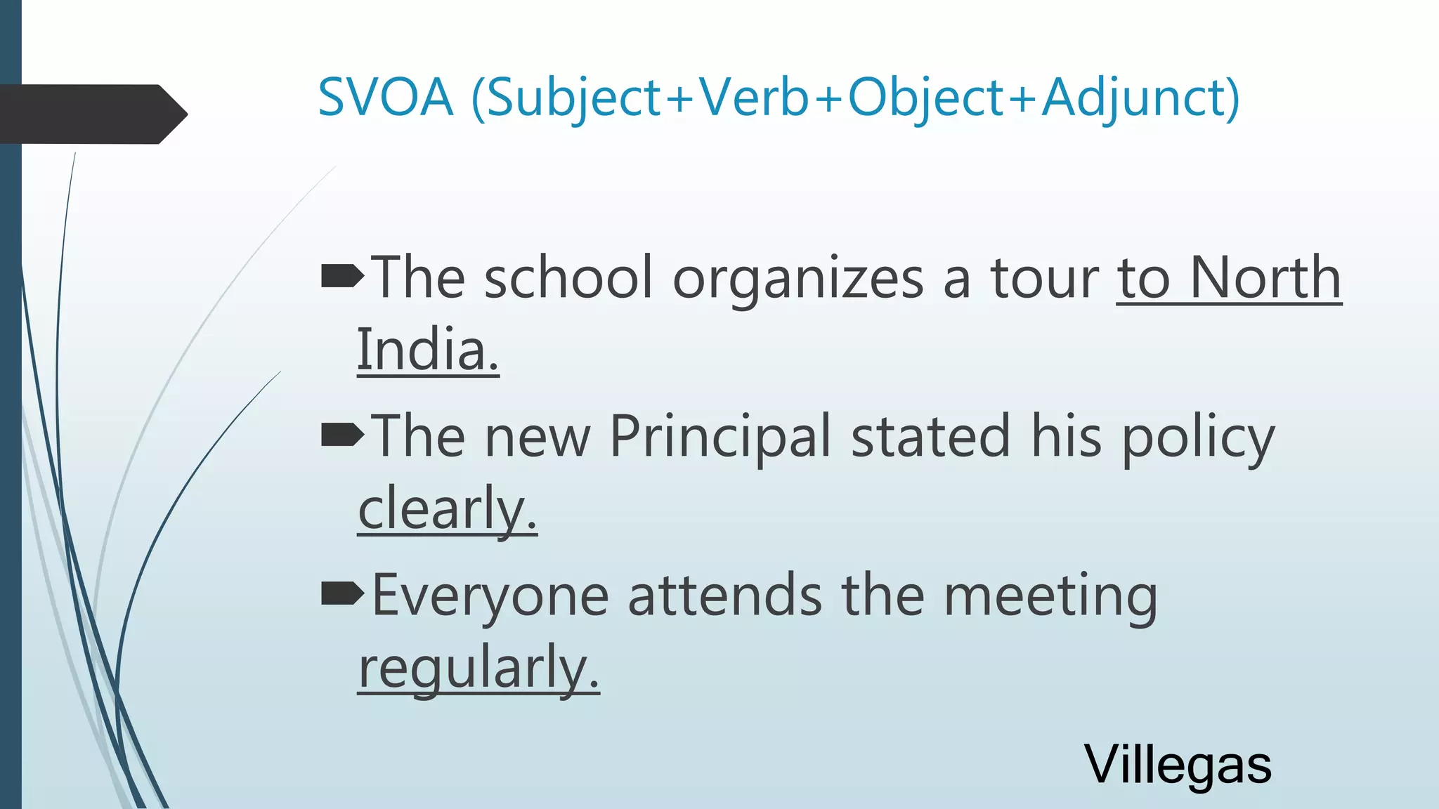 SVOA (Subject+Verb+Object+Adjunct)
The school organizes a tour to North
India.
The new Principal stated his policy
clearly.
Everyone attends the meeting
regularly.
Villegas
 