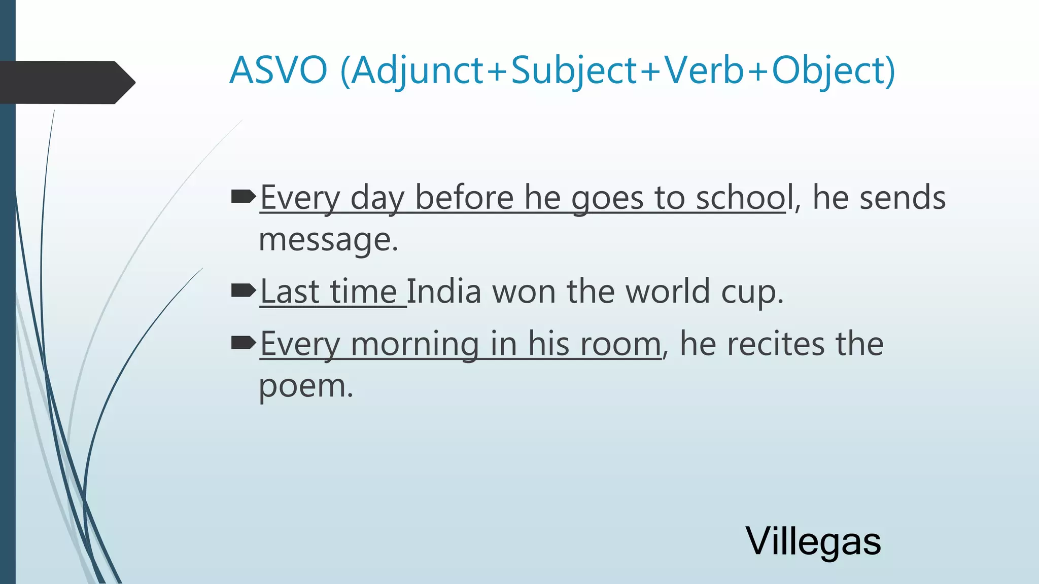 ASVO (Adjunct+Subject+Verb+Object)
Every day before he goes to school, he sends
message.
Last time India won the world cup.
Every morning in his room, he recites the
poem.
Villegas
 