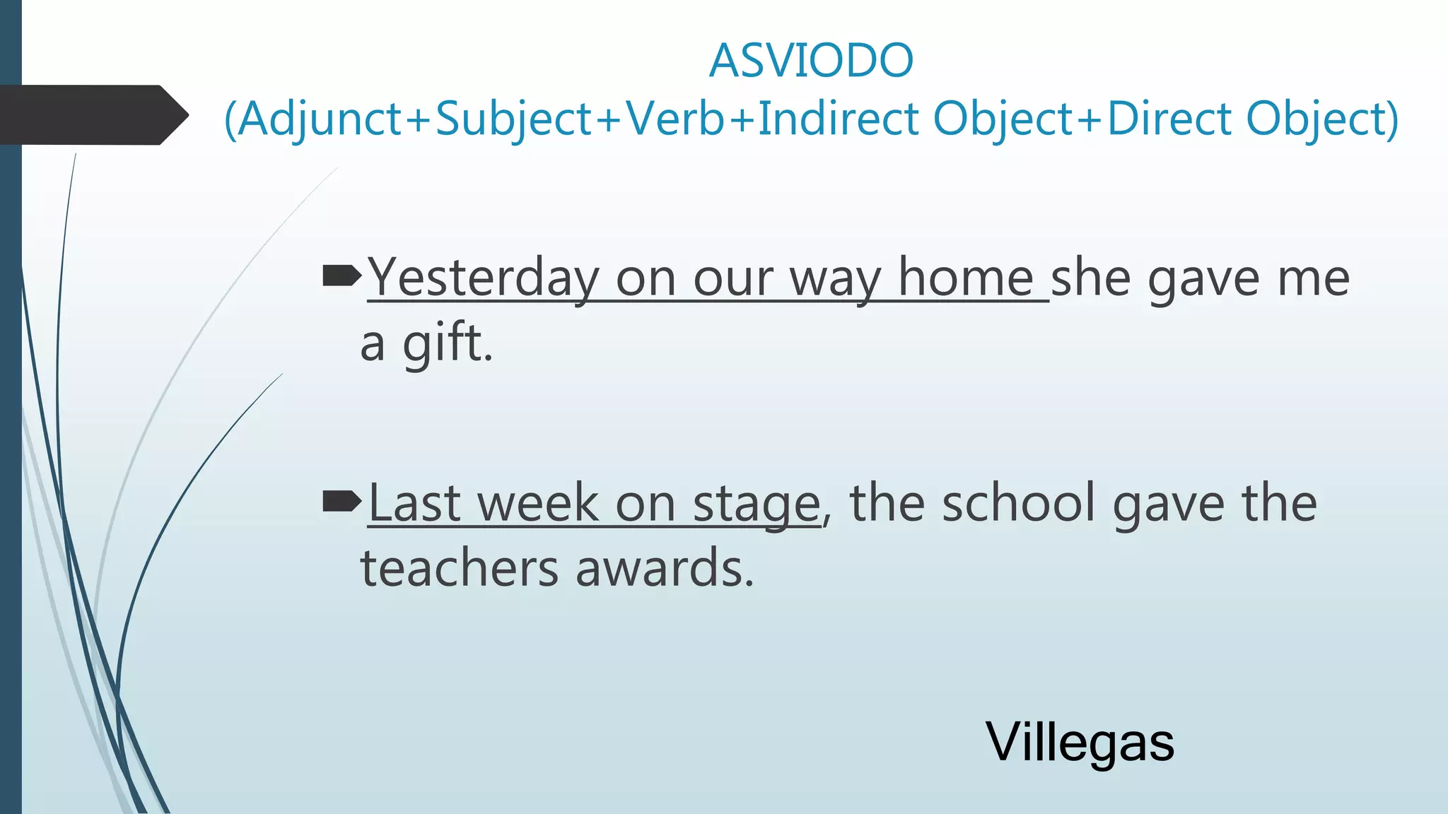 ASVIODO
(Adjunct+Subject+Verb+Indirect Object+Direct Object)
Yesterday on our way home she gave me
a gift.
Last week on stage, the school gave the
teachers awards.
Villegas
 
