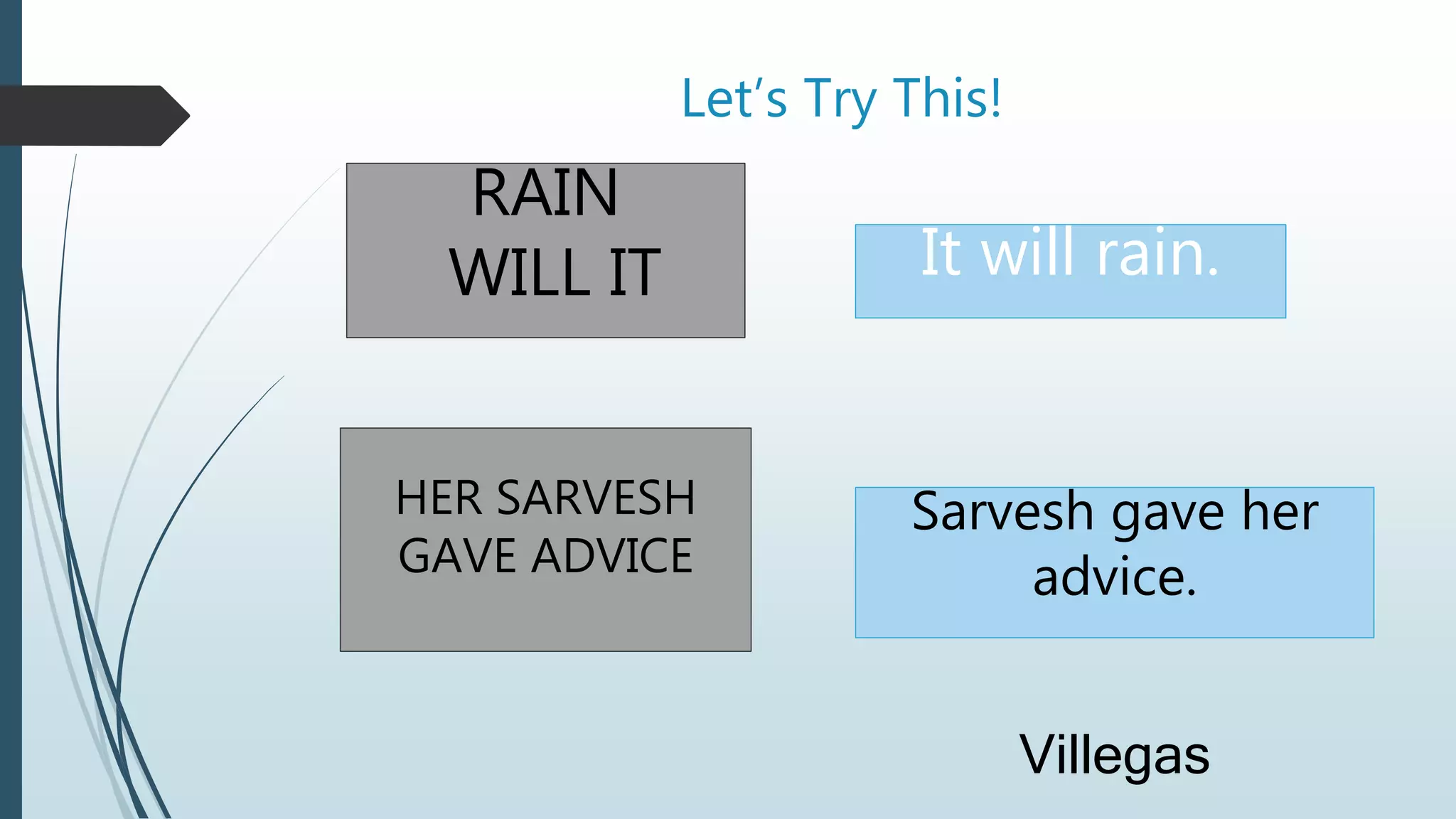 Let’s Try This!
It will rain.
RAIN
WILL IT
HER SARVESH
GAVE ADVICE
Sarvesh gave her
advice.
Villegas
 