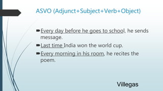 ASVO (Adjunct+Subject+Verb+Object)
Every day before he goes to school, he sends
message.
Last time India won the world cup.
Every morning in his room, he recites the
poem.
Villegas
 