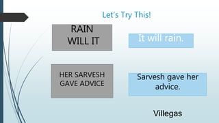 Let’s Try This!
It will rain.
RAIN
WILL IT
HER SARVESH
GAVE ADVICE
Sarvesh gave her
advice.
Villegas
 