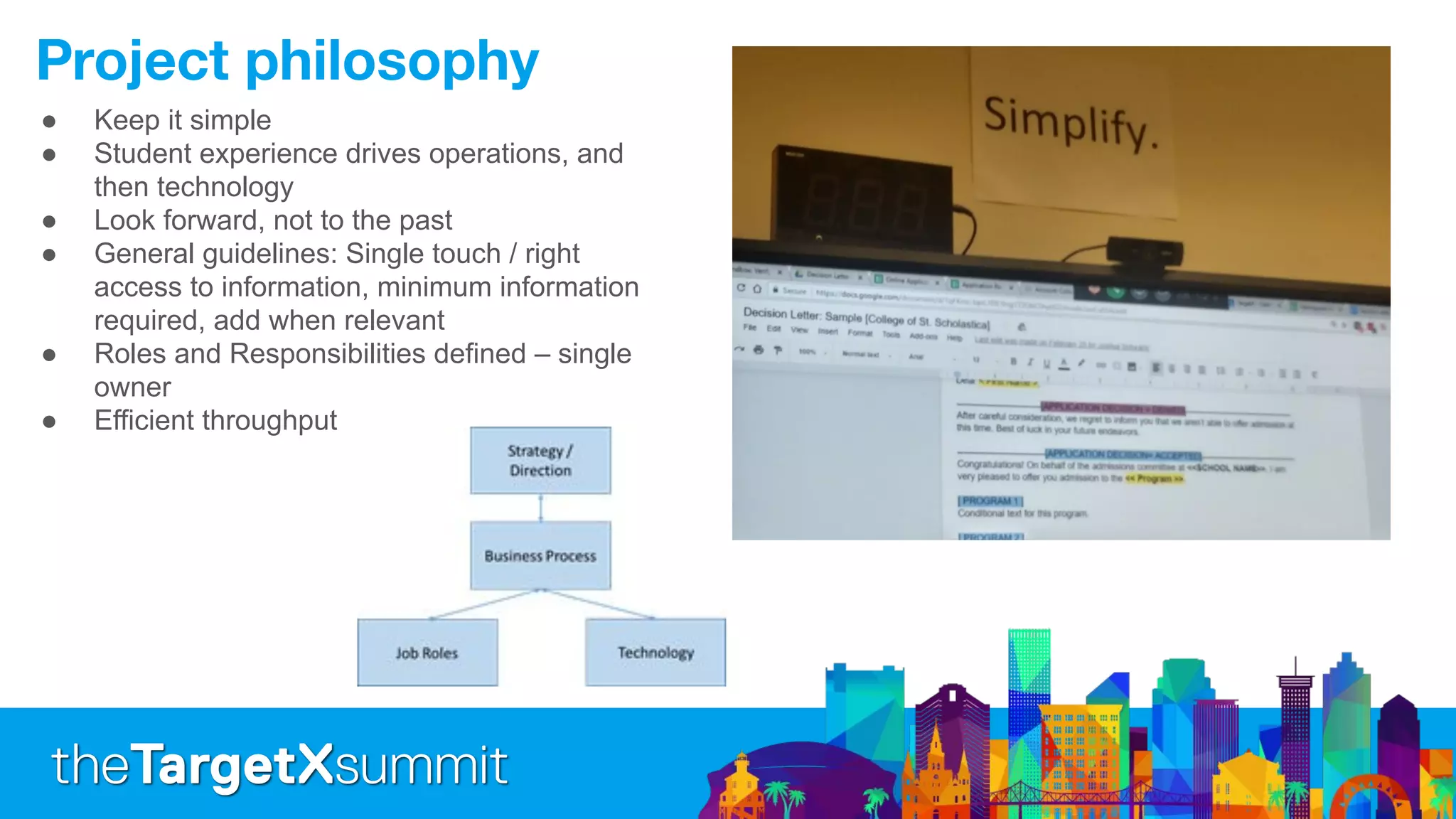 ● Keep it simple
● Student experience drives operations, and
then technology
● Look forward, not to the past
● General guidelines: Single touch / right
access to information, minimum information
required, add when relevant
● Roles and Responsibilities defined – single
owner
● Efficient throughput
 