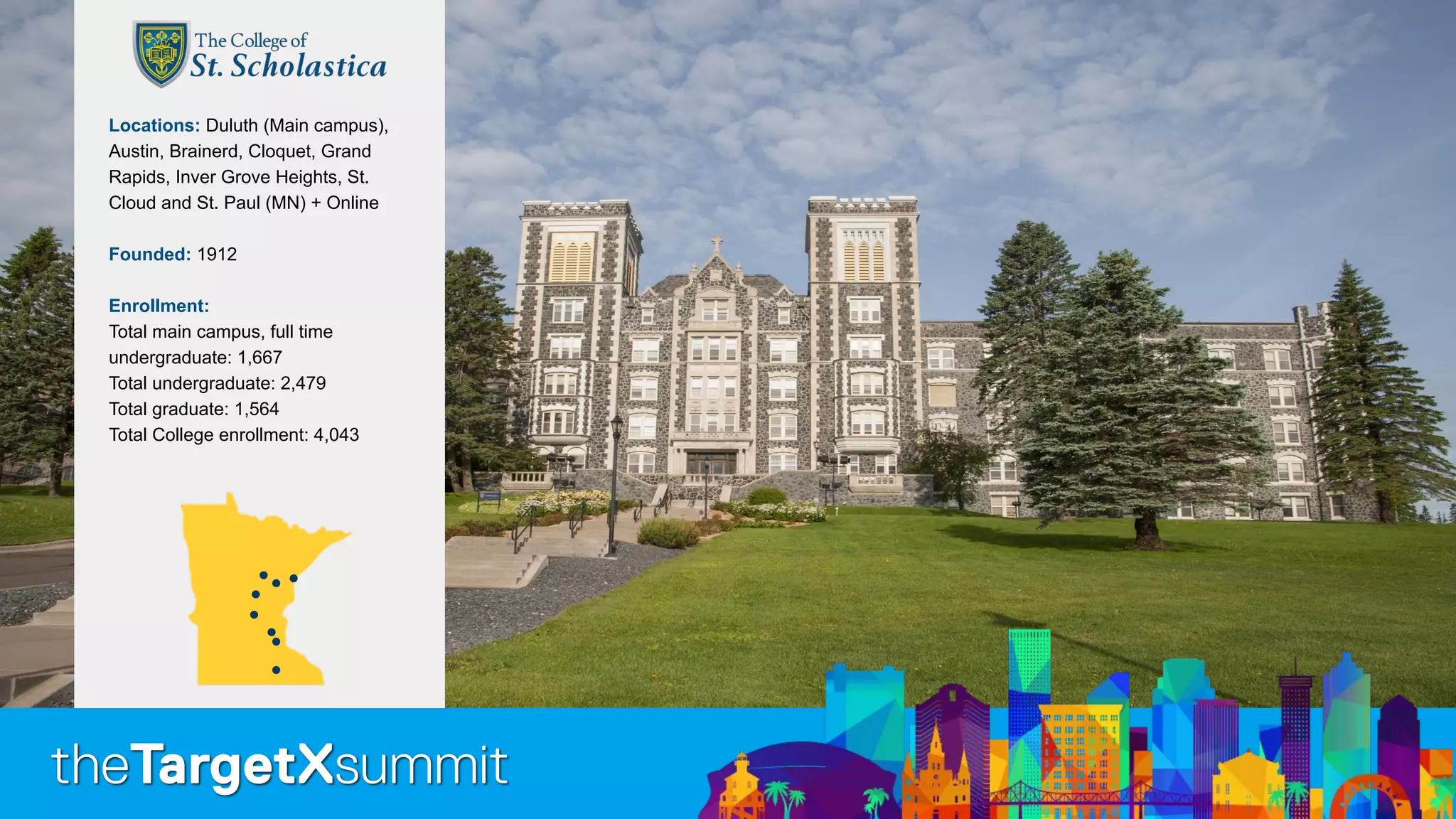 Locations: Duluth (Main campus),
Austin, Brainerd, Cloquet, Grand
Rapids, Inver Grove Heights, St.
Cloud and St. Paul (MN) + Online
Founded: 1912
Enrollment:
Total main campus, full time
undergraduate: 1,667
Total undergraduate: 2,479
Total graduate: 1,564
Total College enrollment: 4,043
 