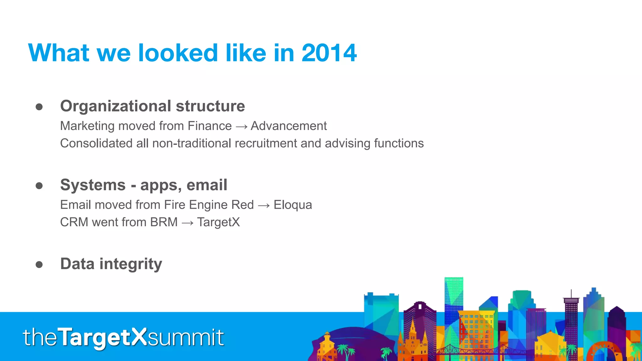 ● Organizational structure
Marketing moved from Finance → Advancement
Consolidated all non-traditional recruitment and advising functions
● Systems - apps, email
Email moved from Fire Engine Red → Eloqua
CRM went from BRM → TargetX
● Data integrity
 