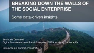 BREAKING DOWN THE WALLS OF
THE SOCIAL ENTERPRISE


Some data-driven insights 




Emanuele Quintarelli
Digital Transformation & Social Enterprise, EMEIA Advisory Center at EY

Enterprise 2.0 Summit, Paris 2014


Page 1

 