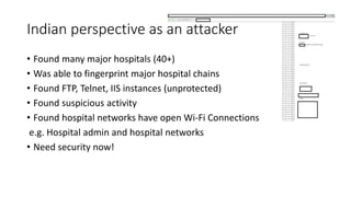 Indian perspective as an attacker
• Found many major hospitals (40+)
• Was able to fingerprint major hospital chains
• Found FTP, Telnet, IIS instances (unprotected)
• Found suspicious activity
• Found hospital networks have open Wi-Fi Connections
e.g. Hospital admin and hospital networks
• Need security now!
 