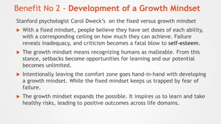 Benefit No 2 - Development of a Growth Mindset
Stanford psychologist Carol Dweck’s on the fixed versus growth mindset
 Wi...
