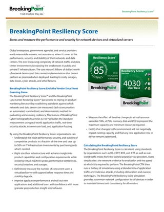 BreakingPoint Resiliency Score™




BreakingPoint Resiliency Score
Stress and measure the performance and security for network devices and virtualized servers


Global enterprises, government agencies, and service providers
want measurable answers, not assurances, when it comes to the
performance, security, and stability of their networks and data
centers. The ever-increasing complexity of network tra c and data
center environments is exposing the weaknesses in public and
private IT infrastructures. The core reason? Billions of dollars’ worth
of network devices and data center implementations that do not                                                Data Center

perform as promised when deployed, leading to costly outages,


                                                                                                                4030
data losses, cyber attacks, and other failures.

BreakingPoint Resiliency Score: Ends the Vendor Data Sheet                                                            User Base
Guessing Game
The BreakingPoint Resiliency Score™ and the BreakingPoint
Data Center Resiliency Score™ put an end to relying on product
marketing literature by establishing standards against which
networks and data centers are measured. Each score provides
an automated, standardized, and deterministic method for
evaluating and ensuring resiliency. This feature of BreakingPoint
                                                                              Measure the e ect of iterative changes to virtual resource
Cyber Tomography Machines (CTM)™ provides the standard
                                                                              variables (VMs, vCPUs, memory, disk and I/O) to pinpoint the
measurement using real-world application tra c, real-time
                                                                              maximum capacity and minimum resources required.
security attacks, extreme user load, and application fuzzing.
                                                                              Certify that changes to the environment will not negatively
By using the BreakingPoint Resiliency Score, organizations can:               impact existing capacity and that any new application mix or
    Understand the exact performance, security, and stability of              device remains optimized.
    competitive products in a fraction of the time and save up
    to 50% on IT infrastructure investments by purchasing only            Calculating the BreakingPoint Resiliency Score
    what’s needed.                                                        The BreakingPoint Resiliency Score is calculated using standards
    Right size their infrastructure with advance insight into             by organizations such as US–CERT, IEEE, and IETF, as well as real-
    product capabilities and con guration requirements, while             world tra c mixes from the world’s largest service providers. Users
    avoiding virtual machine sprawl, performance bottlenecks,             simply select the network or device for evaluation and the speed
    security breaches, and outages.                                       at which it is required to perform. The BreakingPoint CTM then
    De nitively measure the number of concurrent users a                  runs a battery of simulations using a blended mix of application
    virtualized server will support before response time and              tra c and malicious attacks, including obfuscation and evasion
    stability degrade.                                                    techniques. The BreakingPoint Resiliency Score simulation
    Improve application performance and roll out new                      provides a common network con guration for all devices in order
    applications and additional users with con dence with more            to maintain fairness and consistency for all vendors.
    granular preproduction insight into behavior.
 