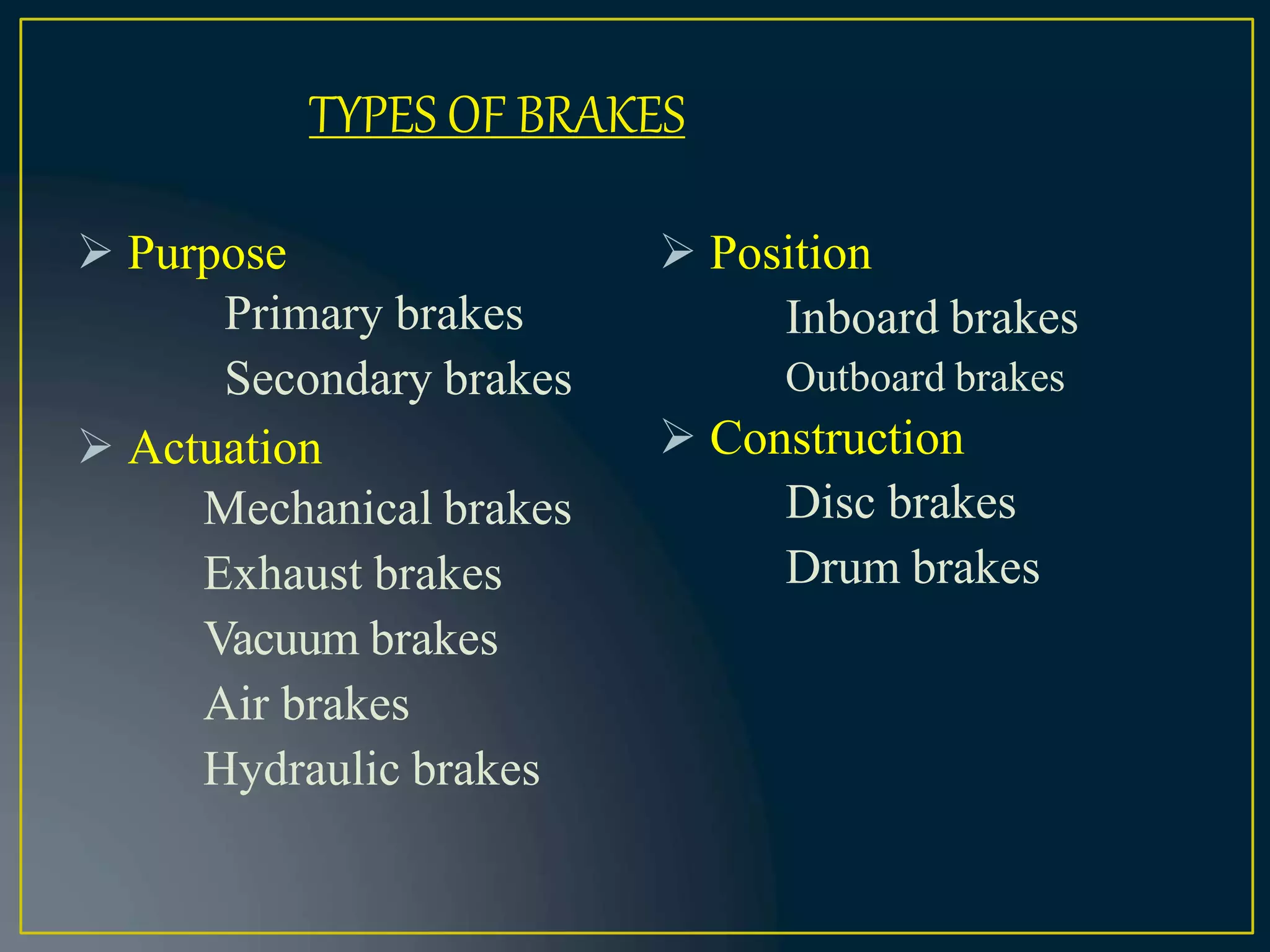  Purpose
Primary brakes
Secondary brakes
 Actuation
Mechanical brakes
Exhaust brakes
Vacuum brakes
Air brakes
Hydraulic brakes
 Position
Inboard brakes
Outboard brakes
 Construction
Disc brakes
Drum brakes
TYPES OF BRAKES
 