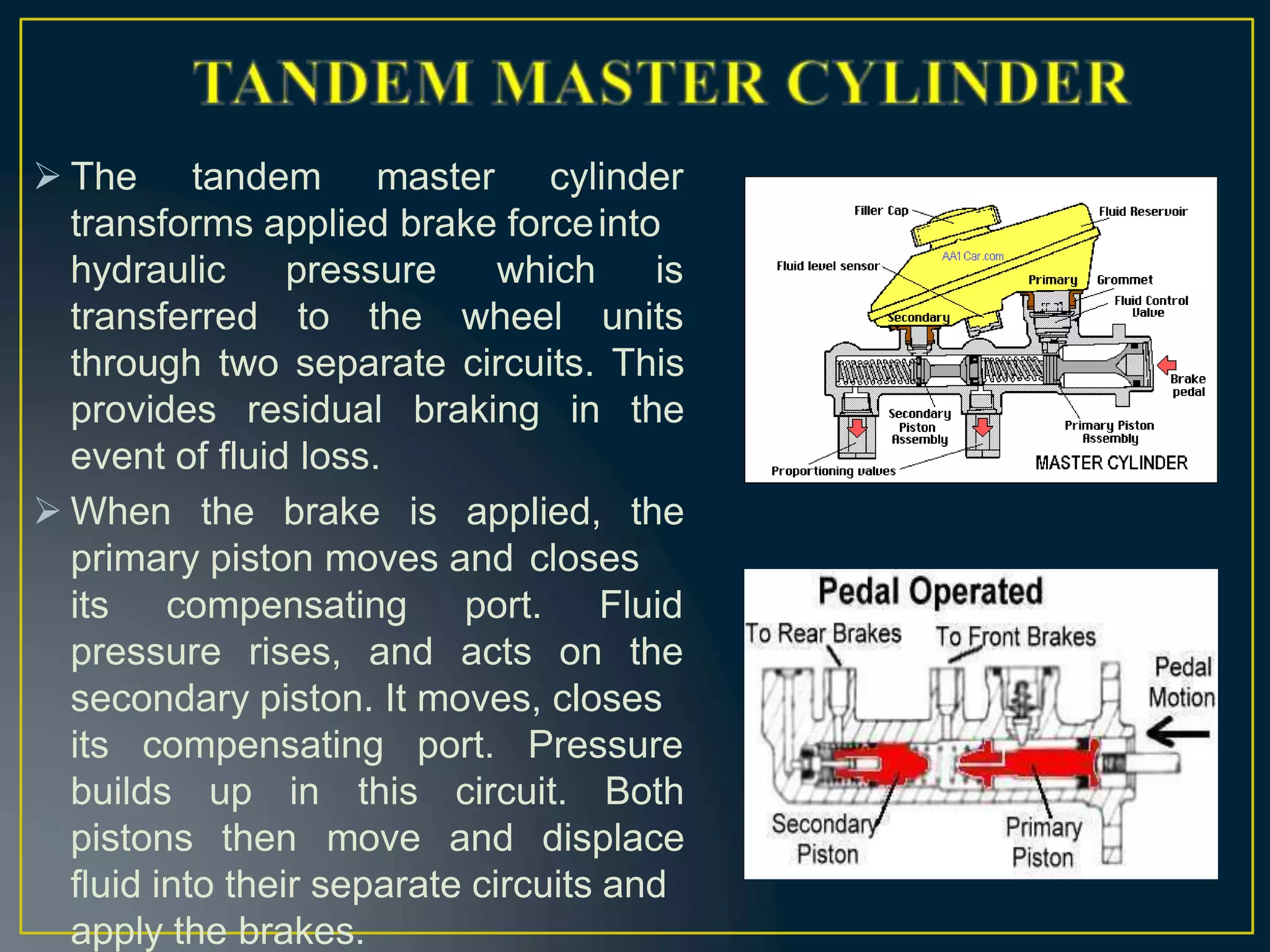 The tandem master cylinder
transforms applied brake forceinto
hydraulic
transferred
pressure
to the
which is
wheel units
through two separate circuits. This
provides residual braking in the
event of fluid loss.
 When the brake is applied, the
primary piston moves and closes
its compensating
pressure rises, and
port. Fluid
acts on the
secondary piston. It moves, closes
its compensating port. Pressure
builds up in
pistons then
this circuit. Both
move and displace
fluid into their separate circuits and
apply the brakes.
 